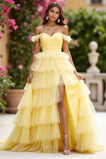 Yellow Tulle Ruffled Ball Gown Tiered Long Formal Dress with Slit